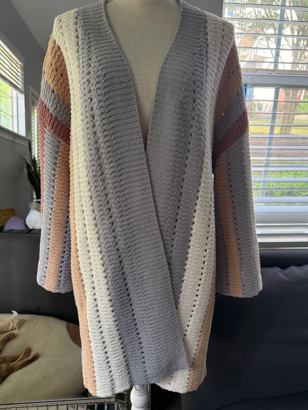 POL Boutique long open chenille cardigan crochet stripes